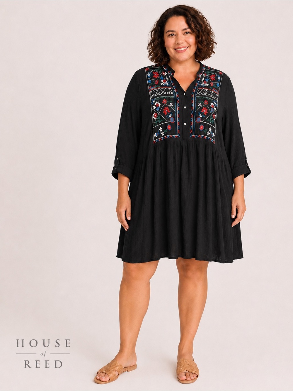 Velzera Embroidered Boho Peasant Dress Black Floral Rayon Size 2X